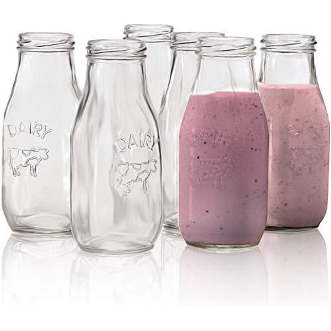 Circleware Country Milk Bottles Set of 6 Drinking Glasses Home and Kitchen Dairy Cow Glassware for Water, Juice, Beer, Bar Liquor Dining Beverage, Farmhouse Decor, 10.5 oz, Clear