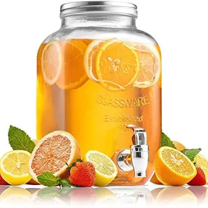 Circleware Sun Tea Mason Jar Glass Beverage Dispenser with Lid, Entertainment Glassware Pitcher for Water, Juice, Beer Wine Liquor, Kombucha & Cold Drinks, Huge 2 Gallon, Clear, Silver