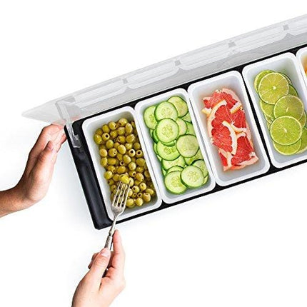 Bar Top Food & Condiment Dispenser - 6 Tray Plastic Garnish Station with Lid for Bartending & Serving Taco, Ice Cream, Fruit, Salad Bar - Topping Organizer for Restaurant Supplies & Accessories