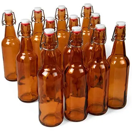 16 oz. Amber Glass Grolsch Beer Bottles, Pint Size – Airtight Seal with Swing Top/Flip Top Stoppers – Supplies for Home Brewing & Fermenting of Alcohol, Kombucha Tea, Wine, Homemade Soda (12-pack)