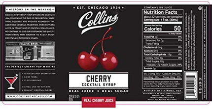 Collins Cherry Syrup, Cherry Simple Syrup, Real Sugar Cocktail Syrups, Soda Water Flavors, Cocktail Mixers, 32 Ounces, Set of 1