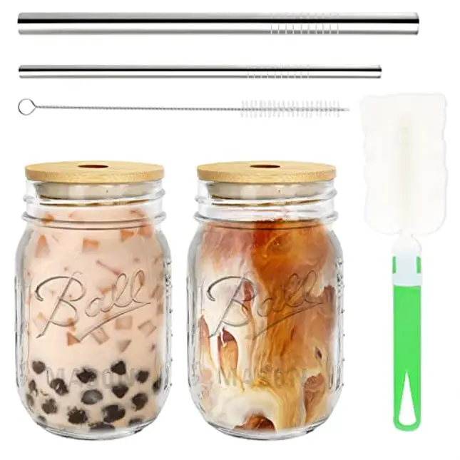 Bedoo Bubble Tea Cups 2 Pack, Reusable Wide Mouth Smoothie Cups, Iced  Coffee Cups With White Lids and Silver Straws Ball Mason Jars Glass Cups,  Travel Glass Drinking Bottle (16oz, Silver Straws)