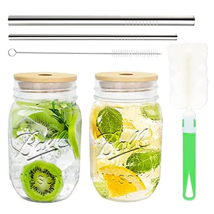 COLOROUND 2 Pack Regular Mouth Mason Jar Cup 16 oz with Bamboo Lids & Stainless Steel Straws Retro Drinking Glass Reusable Smoothie Juicing Cups with Lids for Juice Milkshake (Regular Mouth)