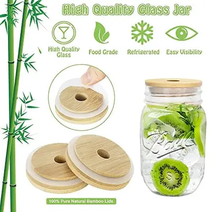 COLOROUND 2 Pack Regular Mouth Mason Jar Cup 16 oz with Bamboo Lids & Stainless Steel Straws Retro Drinking Glass Reusable Smoothie Juicing Cups with Lids for Juice Milkshake (Regular Mouth)
