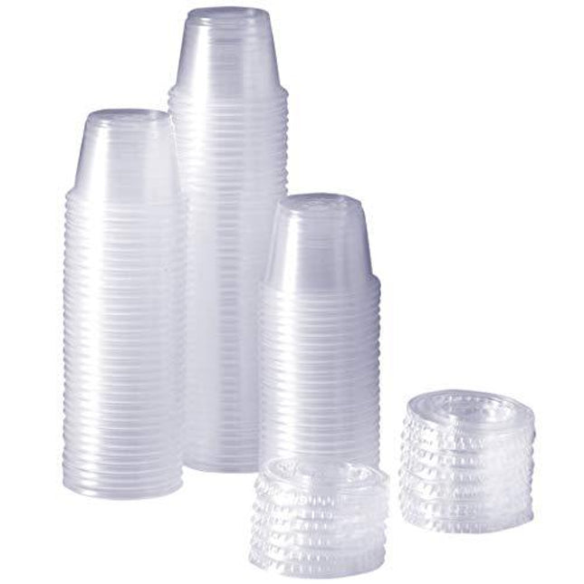 [100 Sets - 1 oz.] Plastic Disposable Portion Cups With Lids, Souffle Cups