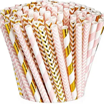 [200 Pack] Pink & Gold Paper Drinking Straws 100% Biodegradable Multi-Pattern Party Straws