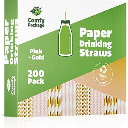 [200 Pack] Pink & Gold Paper Drinking Straws 100% Biodegradable Multi-Pattern Party Straws