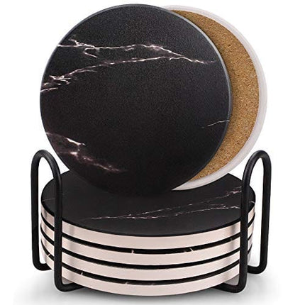 Coasters for Drinks, Ceramic Stone Coasters Set with Metal Holder Stand, Cork Base, Marble Surface Pattern, Cups Place Mats for Home Decor, Set of 6 - Black
