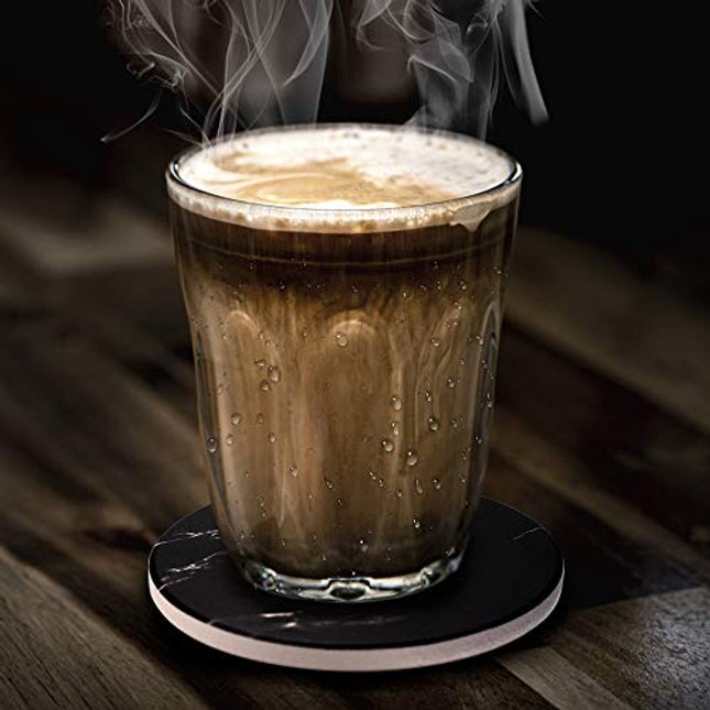 Coasters for Drinks, Ceramic Stone Coasters Set with Metal Holder Stand, Cork Base, Marble Surface Pattern, Cups Place Mats for Home Decor, Set of 6 - Black