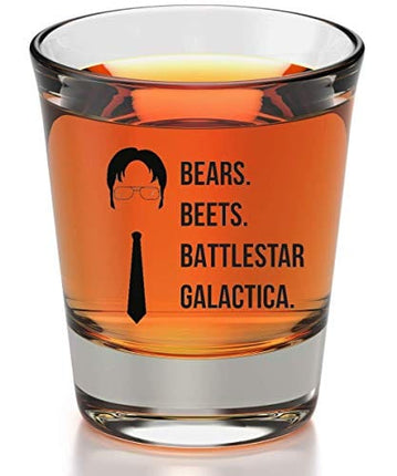 Bears Beets Battlestar Galactica Shot Glass - The Office Merchandise | Funny Novelty Gift for Men and Women - Dunder Mifflin Inspired Shot Glasses