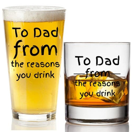 To Dad From The Reasons You Drink Combo Set - Funny Beer Glass and Whiskey Scotch Glass - Fathers Day Gift, Birthday, Christmas, or Valentines for Men - For Dad, Grandpa, Stepdad, Best Dad Ever