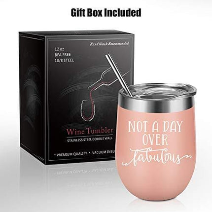 Not a Day Over Fabulous - Funny Birthday Wine Gifts Ideas for Women, Wife, Mom, Mother in Law, Daughter, Sister, Aunt, Best Friends, BFF, Coworker, Her - Coolife 12oz Insulated Wine Tumbler with Lid