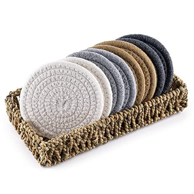 Coasters for Drink Absorbent, Handmade Woven Coasters Set of 8 with Seagrass Basket Holder, Heat-Resistant Coaster for Table Protection, Boho Fabric Coasters Suitable for Kinds of Cups, Wooden Table