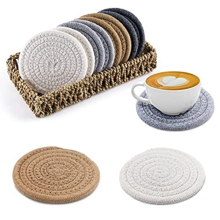 Coasters for Drink Absorbent, Handmade Woven Coasters Set of 8 with Seagrass Basket Holder, Heat-Resistant Coaster for Table Protection, Boho Fabric Coasters Suitable for Kinds of Cups, Wooden Table