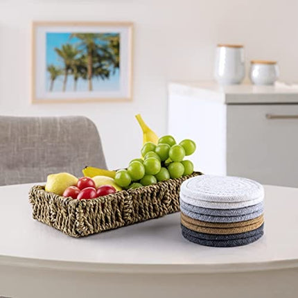 Coasters for Drink Absorbent, Handmade Woven Coasters Set of 8 with Seagrass Basket Holder, Heat-Resistant Coaster for Table Protection, Boho Fabric Coasters Suitable for Kinds of Cups, Wooden Table