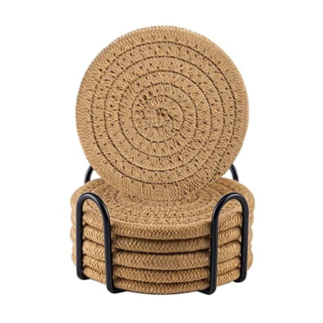 Coasters for Drinks with Holder, Vintage Woven Coasters for Table Protection, Water Absorbent Coaster Set, Handmade Braided Fabric Coasters Heat-Resistant (Brown, 6)