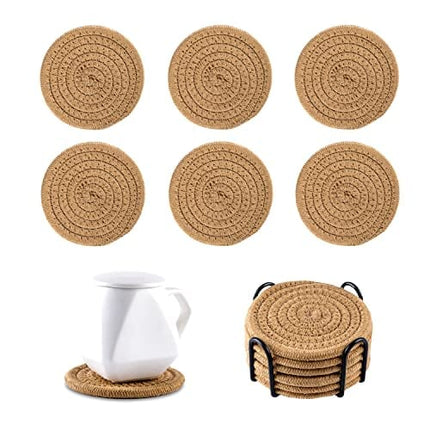 Coasters for Drinks with Holder, Vintage Woven Coasters for Table Protection, Water Absorbent Coaster Set, Handmade Braided Fabric Coasters Heat-Resistant (Brown, 6)