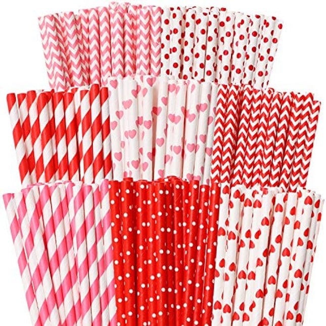 Cooraby 200 Pieces Valentine's Day Paper Straws Red and Pink Biodegradable Drinking Hearts Stripe Bicolor Stripe Dot Chevron Straw Mix for Wedding Supplies and Party Favors, 8 Styles (Red, Pink)