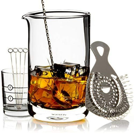 Cork & Mill Cocktail Mixing Glass Set - Old Fashioned Kit - 24 oz (700 ml) Crystal Stirring Glass for Bartending - 9-Piece Bar Accessories and Tools Set with Strainer, Spoon, Jigger, Picks (Silver)