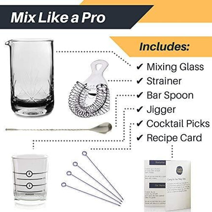 Cork & Mill Cocktail Mixing Glass Set - Old Fashioned Kit - 24 oz (700 ml) Crystal Stirring Glass for Bartending - 9-Piece Bar Accessories and Tools Set with Strainer, Spoon, Jigger, Picks (Silver)