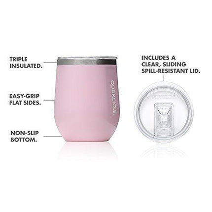 Corkcicle 12 oz Triple-Insulated Stemless Glass (Perfect for Wine) - Gloss Rose Quartz