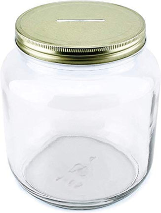 Cornucopia Large Coin Bank Jar; Half Gallon Clear Glass Piggy Bank with Gold Slotted Lid
