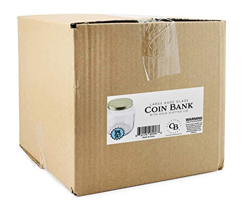 Cornucopia Large Coin Bank JAR; Half Gallon Clear Glass Piggy Bank with Gold Slotted Lid