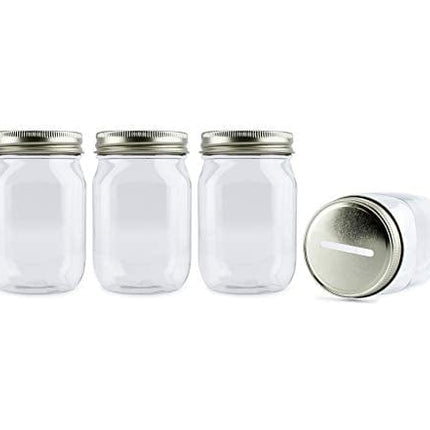 Cornucopia Small Coin Bank Jars (4-Pack); 16oz Clear Plastic Mason Jar Coin Banks w/Gold Slotted Lids