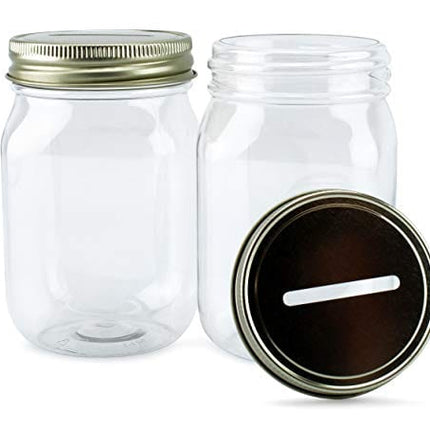 Cornucopia Small Coin Bank Jars (4-Pack); 16oz Clear Plastic Mason Jar Coin Banks w/Gold Slotted Lids