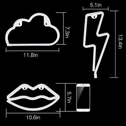 3 Pack LED Decorative Neon Night Signs- Pink Lip Blue Cloud Warm Lightning Shaped Neon Wall Decoration Lights with Hanging Hook Holes LED Light Party Supplies for Wedding Birthday Holiday Home Decors