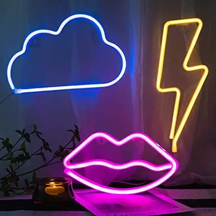 3 Pack LED Decorative Neon Night Signs- Pink Lip Blue Cloud Warm Lightning Shaped Neon Wall Decoration Lights with Hanging Hook Holes LED Light Party Supplies for Wedding Birthday Holiday Home Decors