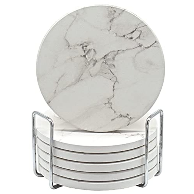 COTIDIANO Round Absorbent Coasters for Drinks - 6pcs Ceramic Coaster Set with Holder - White Marble Coaster Design with Non Slip Cork Base