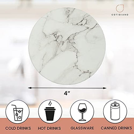 COTIDIANO Round Absorbent Coasters for Drinks - 6pcs Ceramic Coaster Set with Holder - White Marble Coaster Design with Non Slip Cork Base