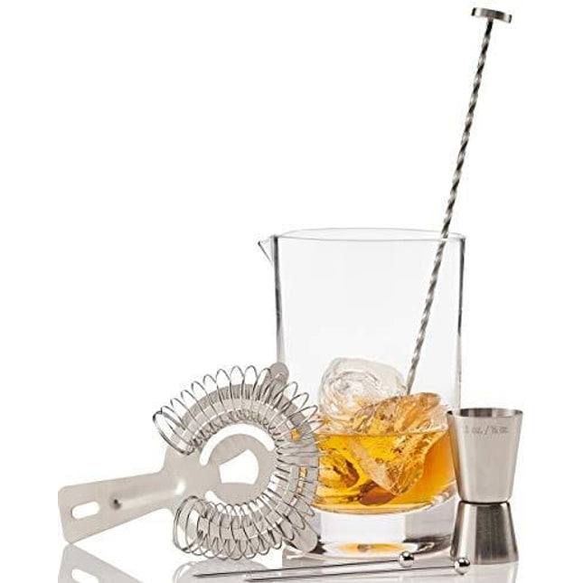 Crystal Cocktail Mixing Glass by Craft Connections. 6 Pc Set 24oz 710ml Bar Pitcher Thick Bottom, Stainless Bar Spoon & Muddler, Strainer, Garnish Picks, Jigger & Recipes. Professional Set, Great Gift
