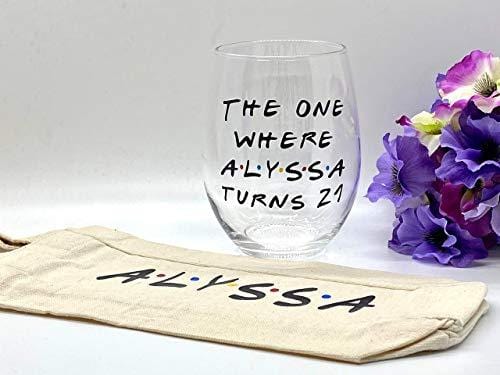 Custom 21st Birthday Stemless Wine Glass