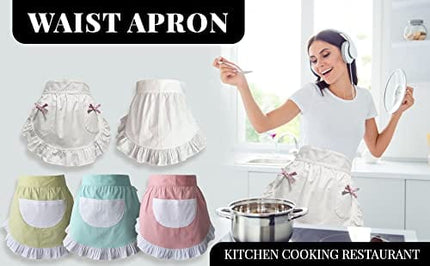 Waist Apron Kitchen Cooking Restaurant 100% Cotton Bistro Half Aprons with Pockets For Girl Woman (White)