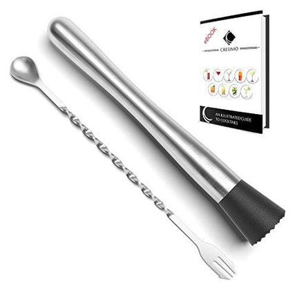 Cresimo 10" Stainless Steel Cocktail Muddler and Mixing Spoon with Cocktail Recipes eBook, Muddler Bar Tool Set
