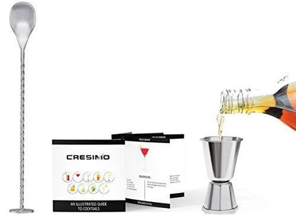 Cresimo 24 Ounce Cocktail Shaker Bar Set with Accessories - Martini Kit with Measuring Jigger and Mixing Spoon plus Drink Recipes Booklet - Professional Stainless Steel Bar Tools - Built-in Bartender Strainer