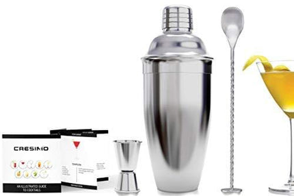 Cresimo 24 Ounce Cocktail Shaker Bar Set with Accessories - Martini Kit with Measuring Jigger and Mixing Spoon plus Drink Recipes Booklet - Professional Stainless Steel Bar Tools - Built-in Bartender Strainer
