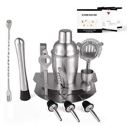 Cresimo Home Cocktail Bar Set - Brushed Stainless Steel 12 Piece Professional Bar Tool Kit - 100% GUARANTEE AND WARRANTY. Includes Martini Shaker, Muddler, Strainer, Jigger and More!