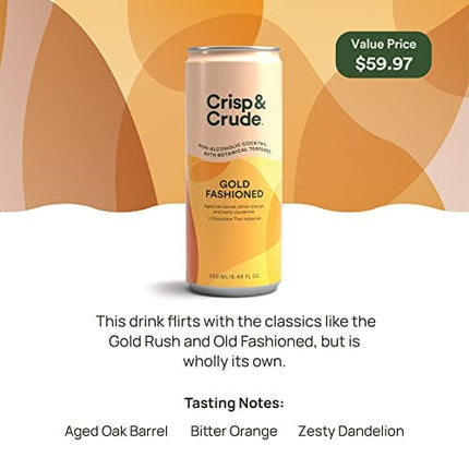 Crisp & Crude | Gold Fashioned | Canned Non Alcoholic Cocktail | Botanicals | Low Calorie, Low Sugar, Vegan, Keto, Gluten Free, Safe to Drink While Pregnant | 12 Cans | 8.45 Fl Oz Each