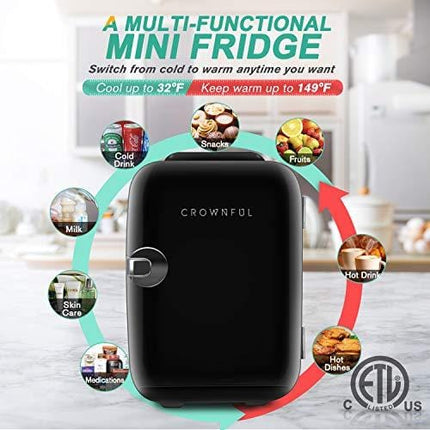 CROWNFUL Mini Fridge, 4 Liter/6 Can Portable Cooler and Warmer Personal Fridge for Skin Care, Cosmetics, Food,Great for Bedroom, Office, Car, Dorm, ETL Listed (Black)