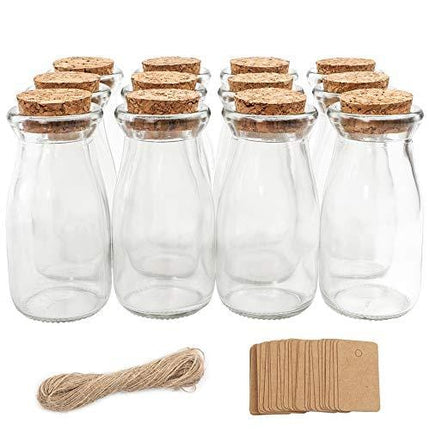 CUCUMI 12pcs 4 x 2 Inches Small Glass Favor Jars, Milk Glass Bottles with Cork Lids, Party Favors Wedding Favors with 25pcs Label Tags and 20m Burlap Ribbon