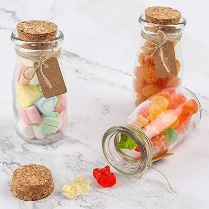 CUCUMI 12pcs 4 x 2 Inches Small Glass Favor Jars, Milk Glass Bottles with Cork Lids, Party Favors Wedding Favors with 25pcs Label Tags and 20m Burlap Ribbon