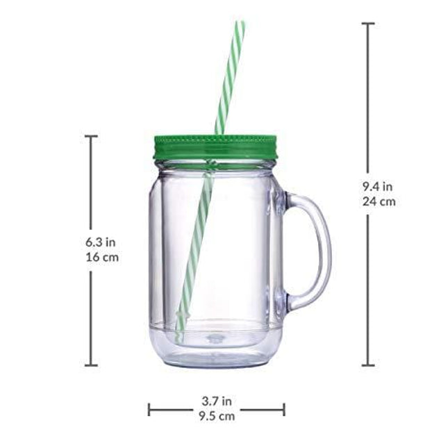 Cupture Double Wall Insulated Plastic Mason Jar Tumbler Mug with Striped Straws - 20 oz, 3 Pack