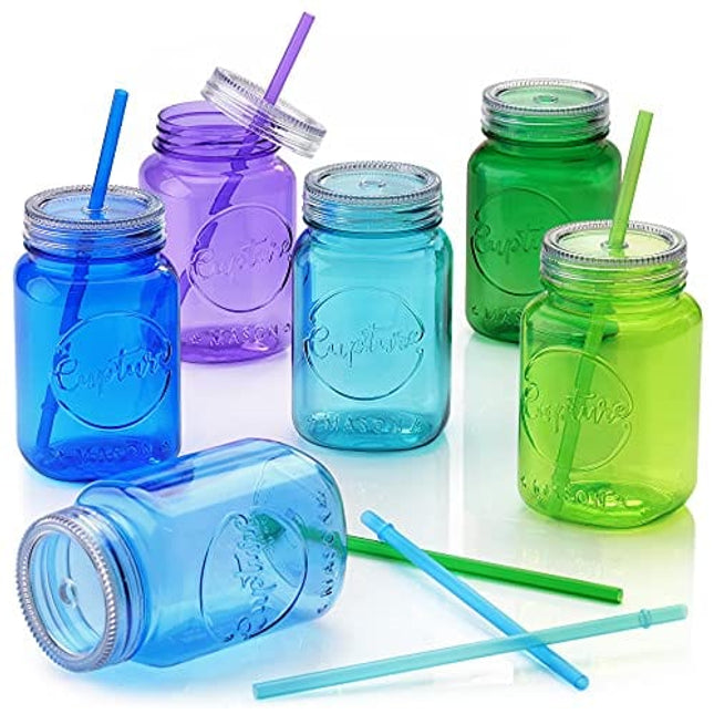 Cupture Acrylic Mason Jar Tumbler Mugs with Lids & Straws - 20 oz, 6 Pack (Cool Lagoon)