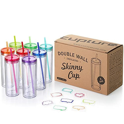 Cupture Skinny Acrylic Tumbler Cups with Straws - 18 oz, 8 Pack (Assorted Colors)