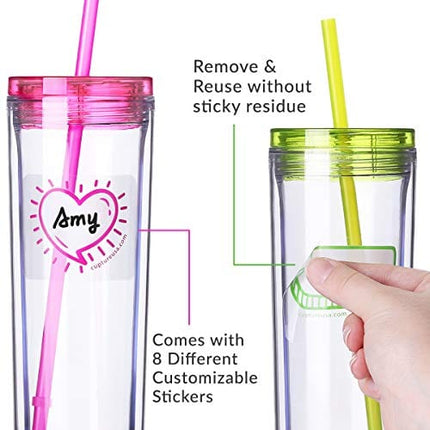 Cupture Skinny Acrylic Tumbler Cups with Straws - 18 oz, 8 Pack (Assorted Colors)