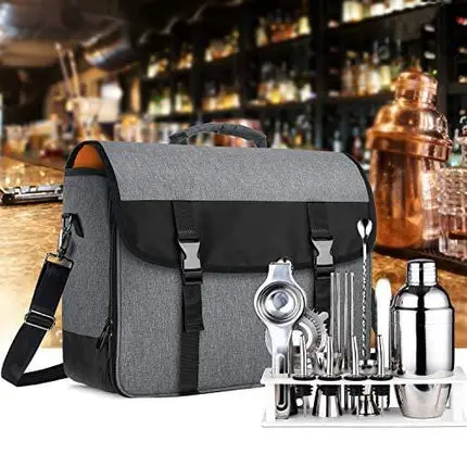 CURMIO Bartender Kit Travel Bag with Padded Compartments for Wine Bottles, Messenger Bag for Bar Tools Set, Perfect for Home Indoor Outdoor Patio Party, Gray (BAG ONLY)
