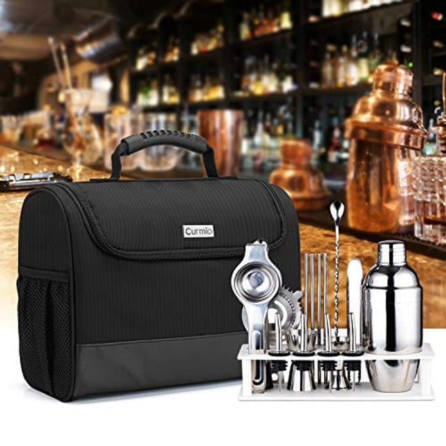 CURMIO Bartender Kit Bag, Portable Travel Carrying Bag with Rubber Handle for Bar Tools Set, Perfect for Home Indoor Outdoor Patio Party, Black (Bag ONLY, Patent Pending)